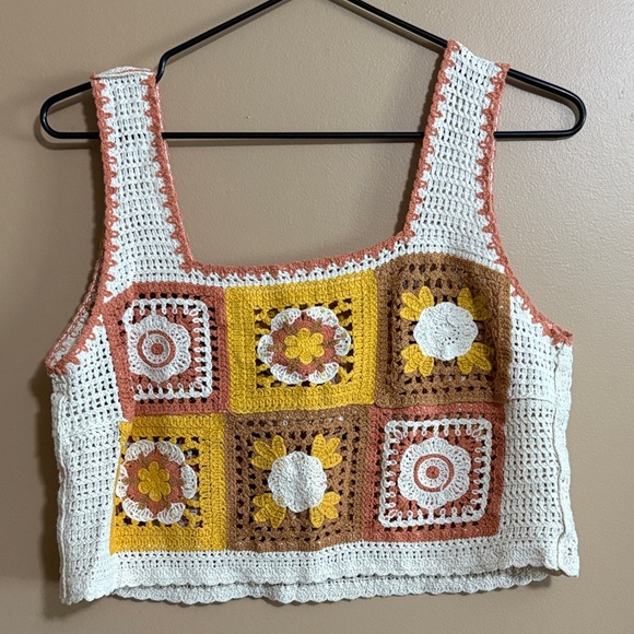 Altar'd State Tops - Altar'd State Crochet Patchwork Tank Top - Cream, Yellow, Brown